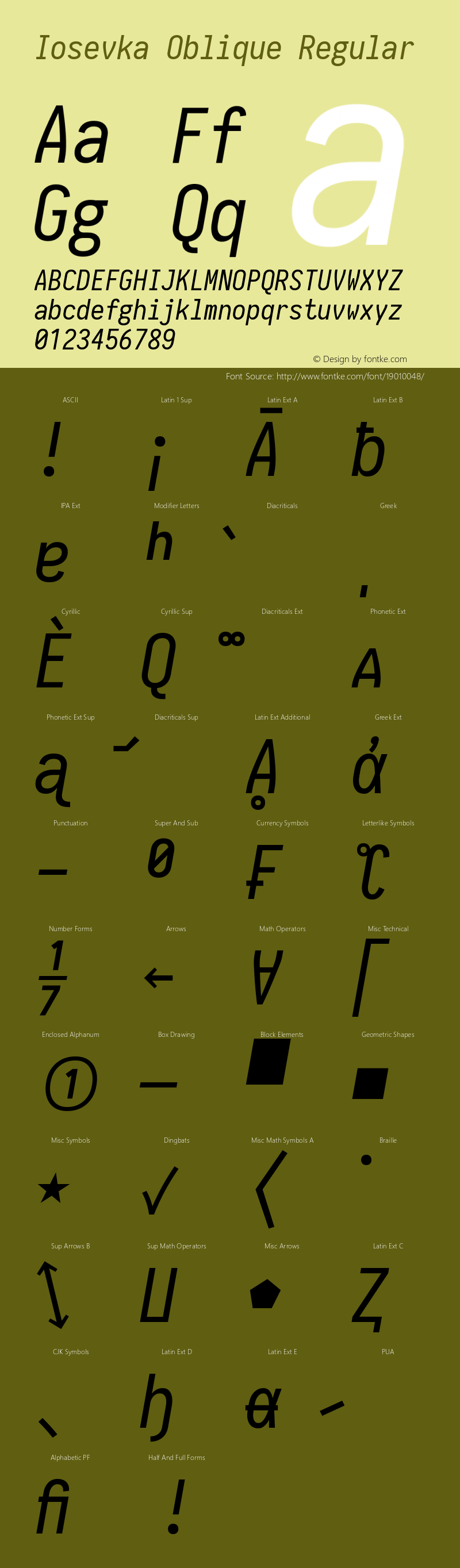 Iosevka Oblique Regular 1.12.0; ttfautohint (v1.6) Font Sample