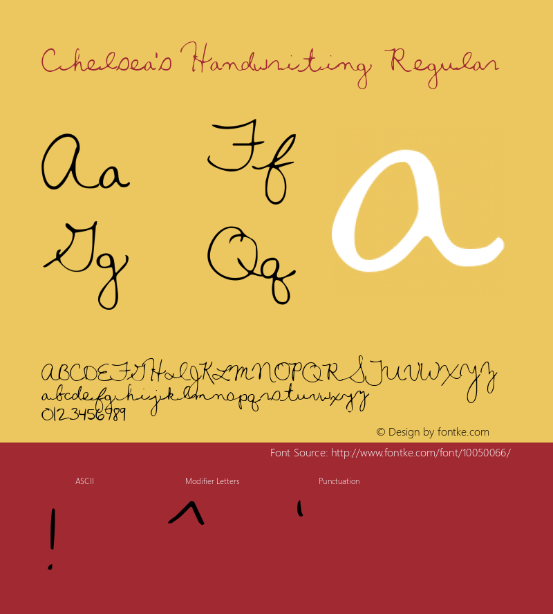 Chelsea's Handwriting Regular 1999; 1.0, initial release Font Sample