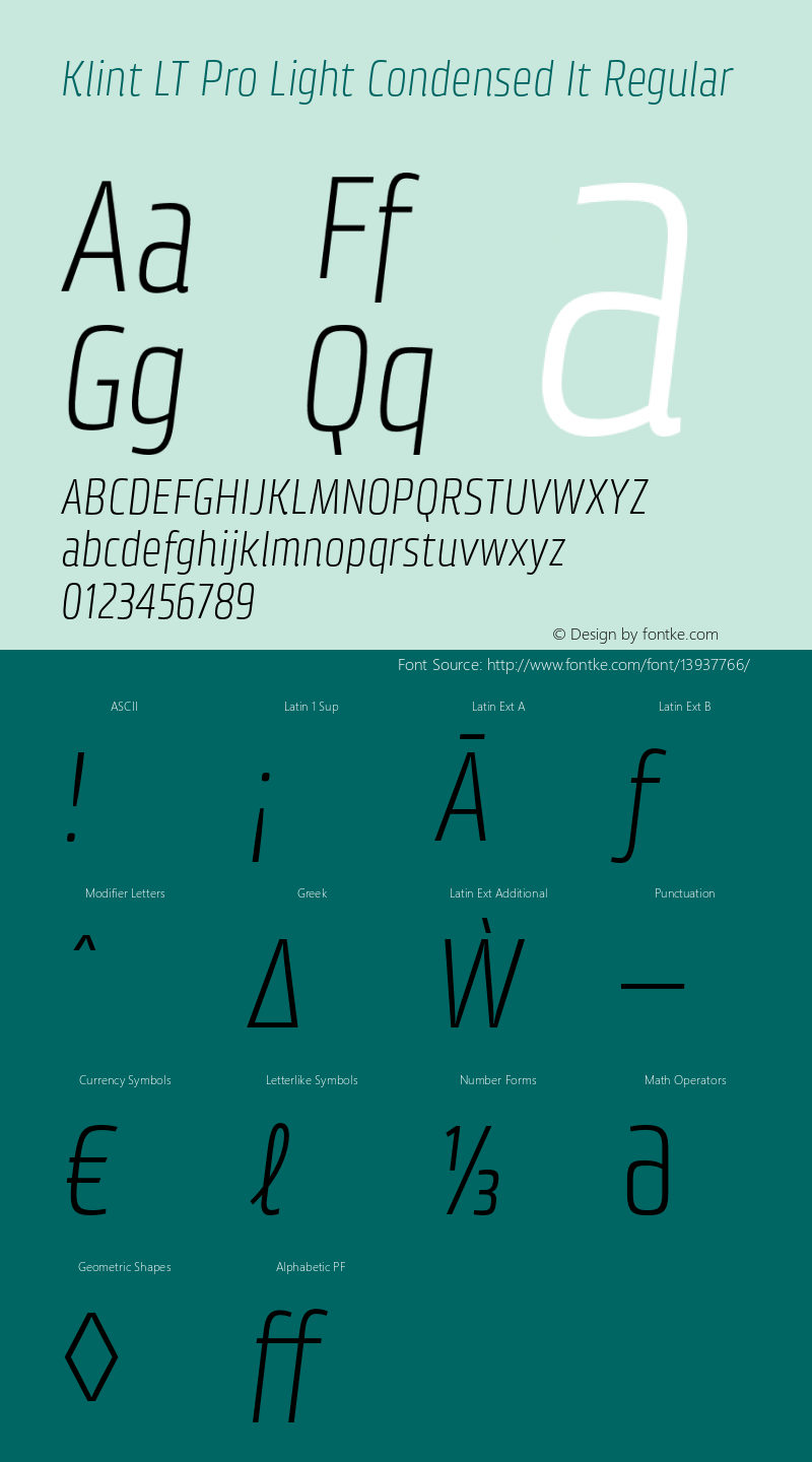 Klint LT Pro Light Condensed It Regular Version 1.00 Font Sample