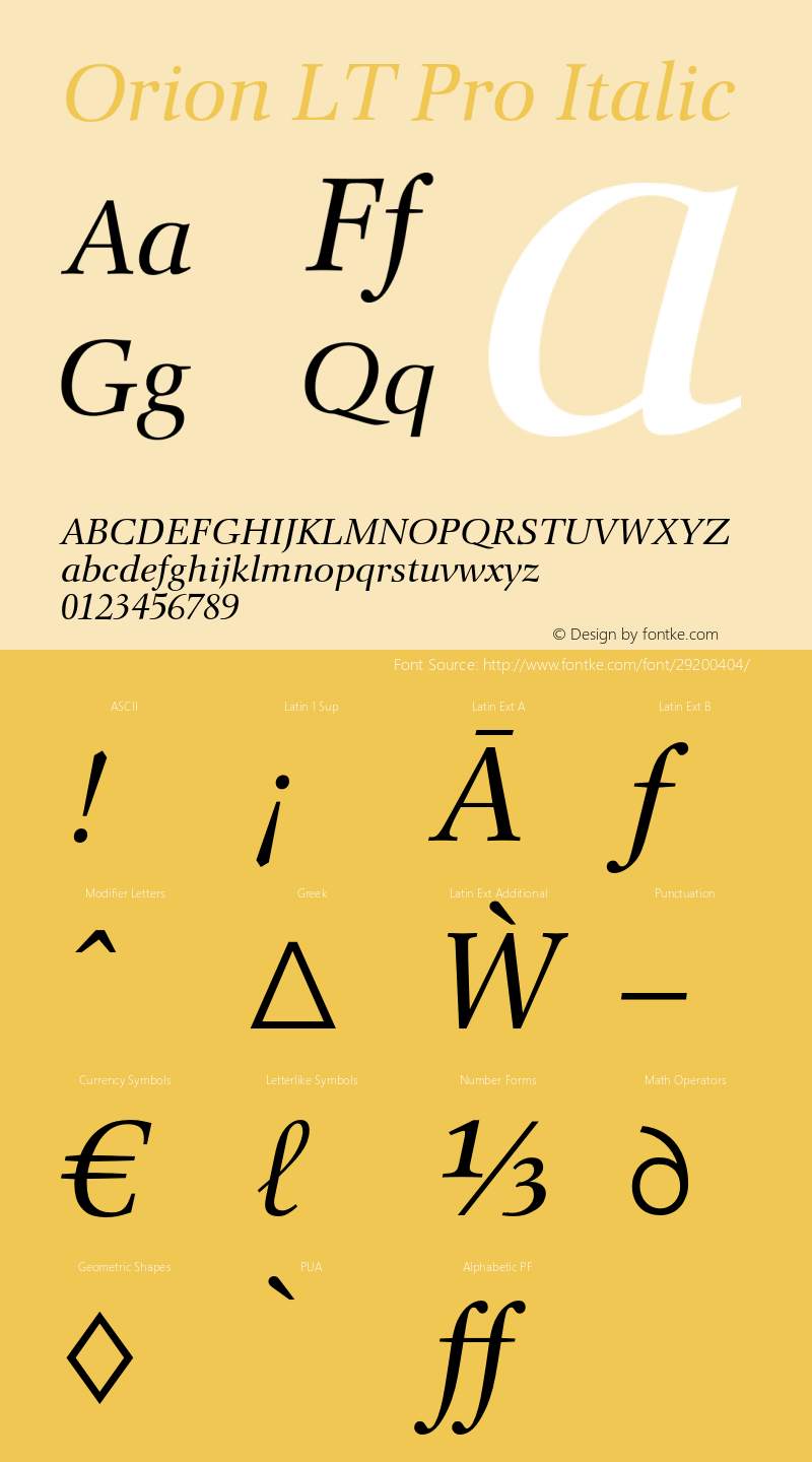 OrionLTPro-Italic Version 1.00 Font Sample