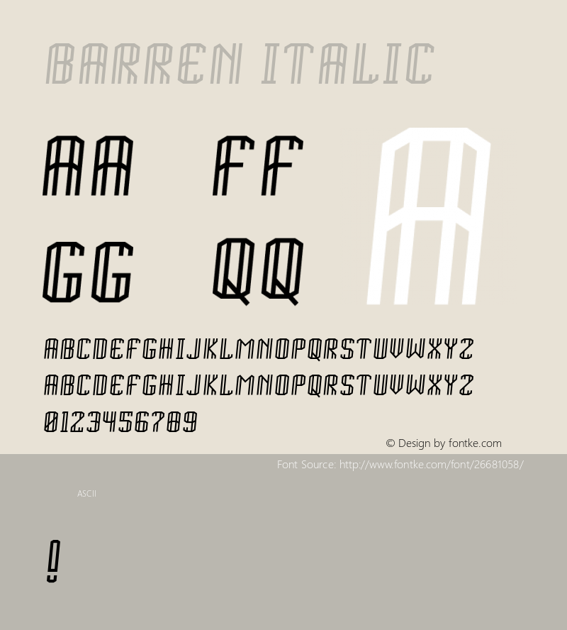 Barren-Italic Version 1.000;PS 001.001;hotconv 1.0.56 Font Sample