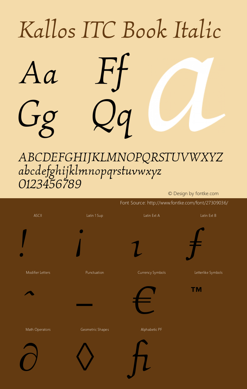 Kallos ITC Book Italic Version 1.00 Font Sample