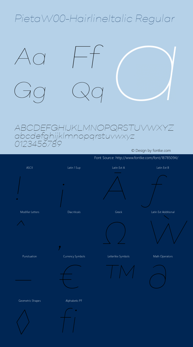 PietaW00-HairlineItalic Regular Version 1.00 Font Sample