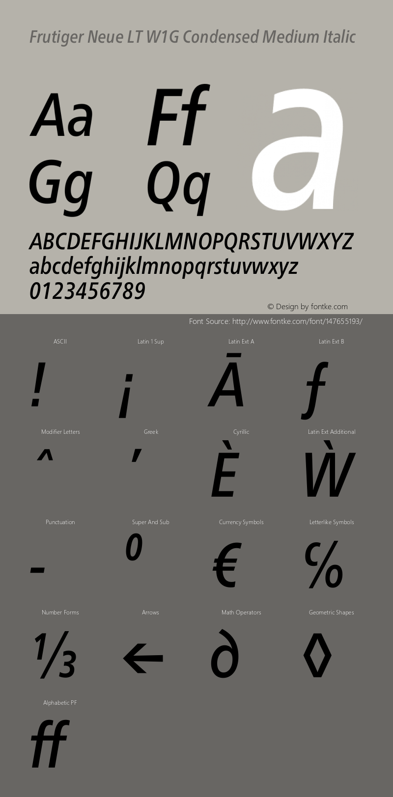 Frutiger Neue LT W1G Cn Medium Italic Version 1.10 Font Sample