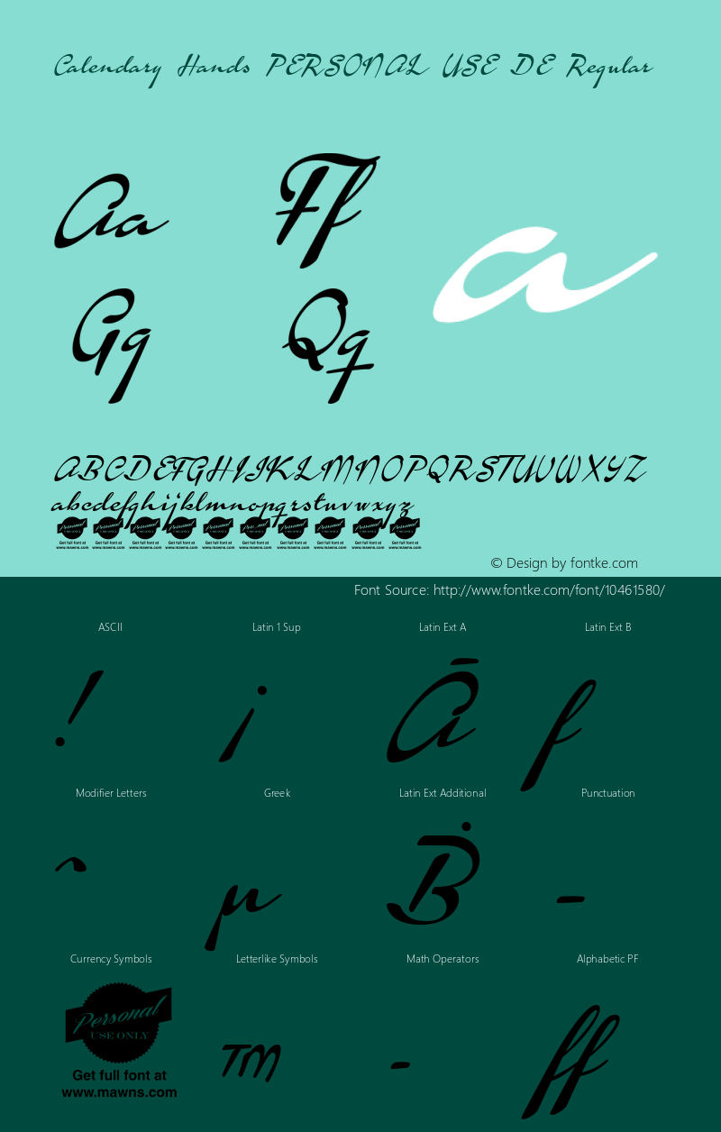 Calendary Hands PERSONAL USE DE Regular Version 1.000 Font Sample