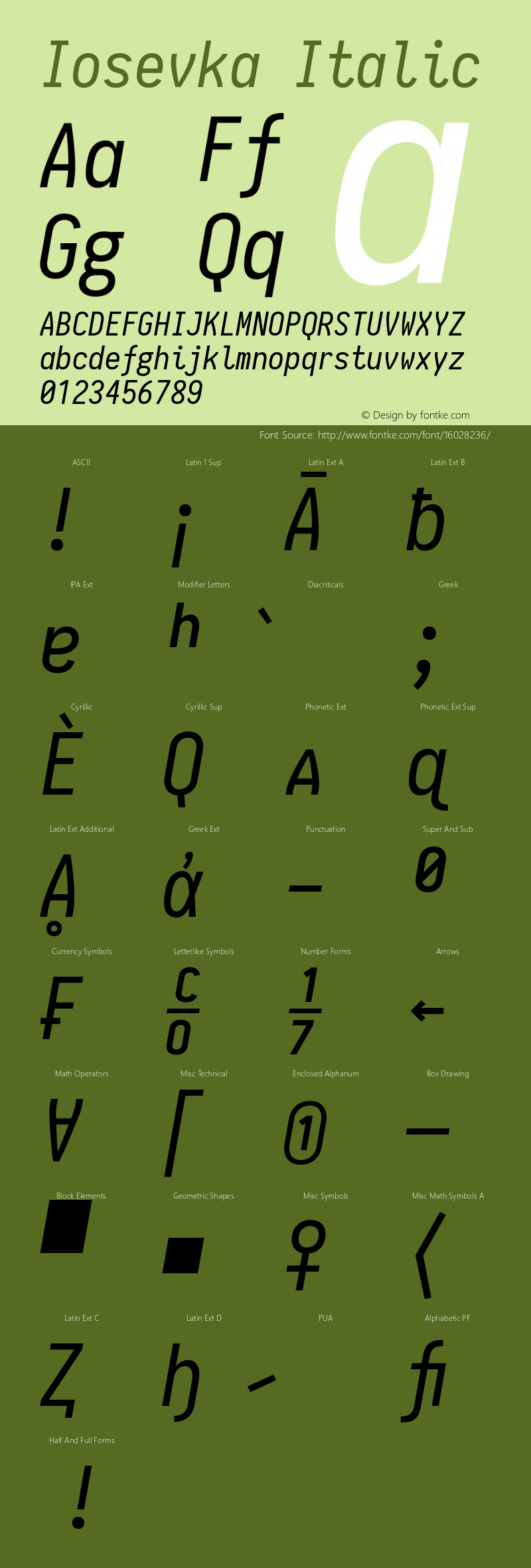 Iosevka Italic 1.5.3; ttfautohint (v1.4.1) Font Sample