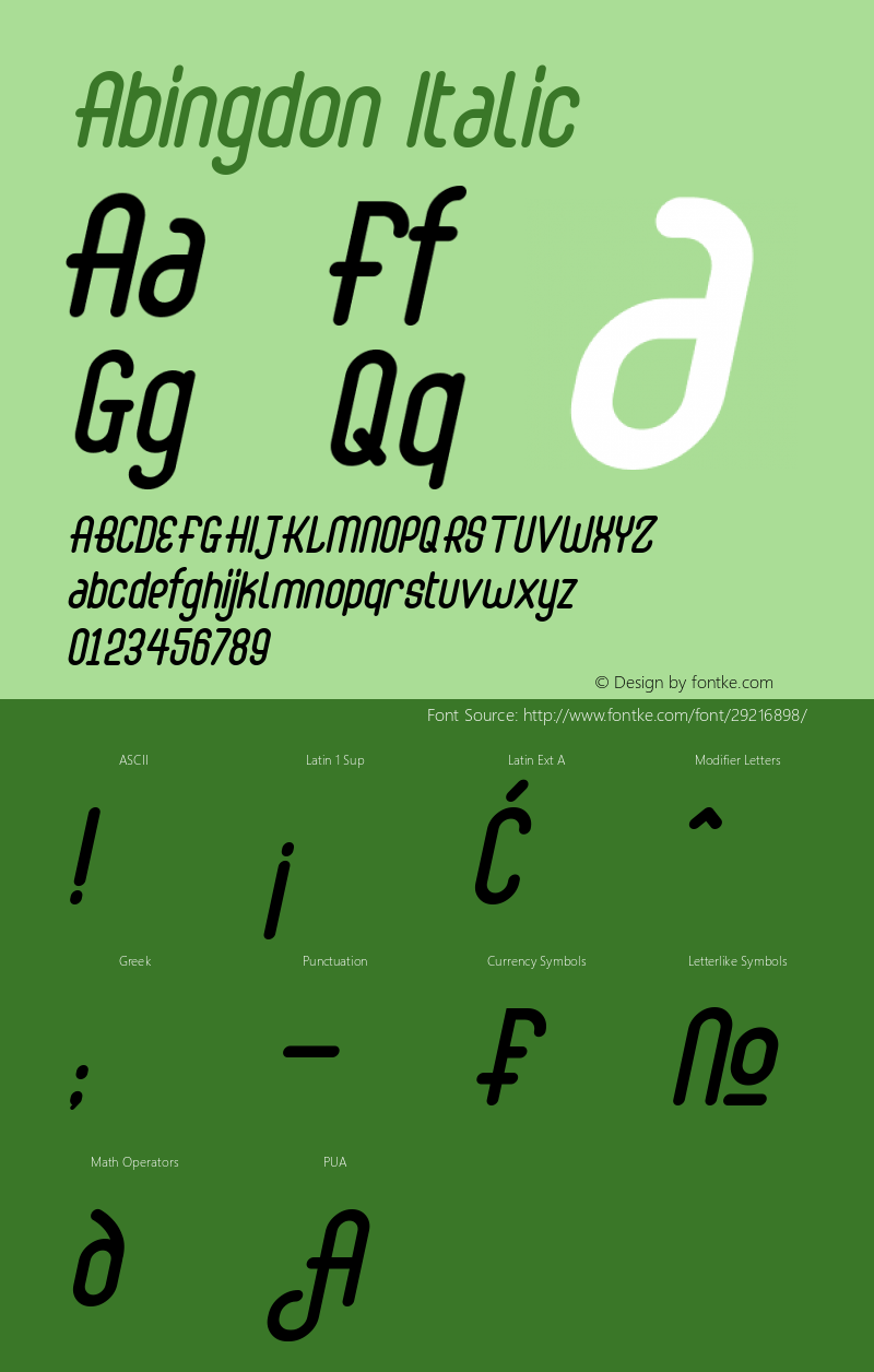 Abingdon Italic Version 1.00;April 13, 2019;FontCreator 11.5.0.2427 64-bit Font Sample