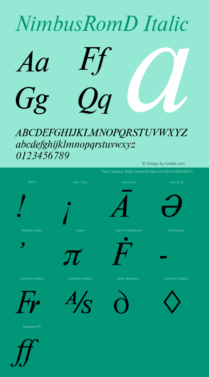 NimbusRomD Italic Version 1.00 Font Sample