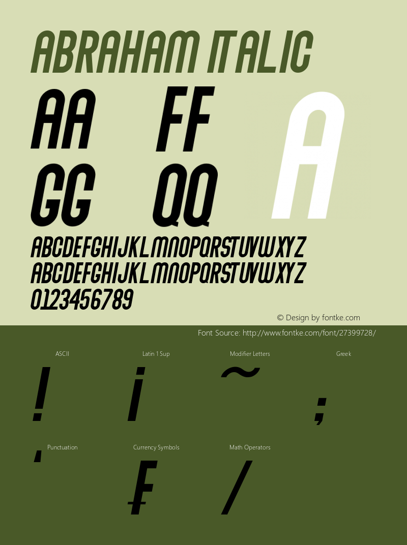 Abraham Italic Italic Version 1.00;September 25, 2018;FontCreator 11.5.0.2422 64-bit Font Sample
