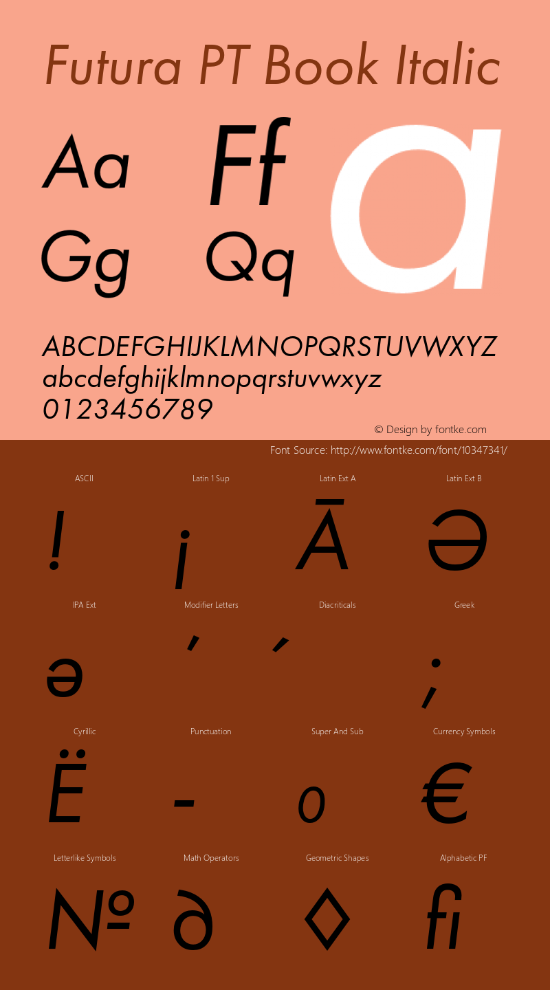 Futura PT Book Italic Version 1.000 2008 initial release Font Sample