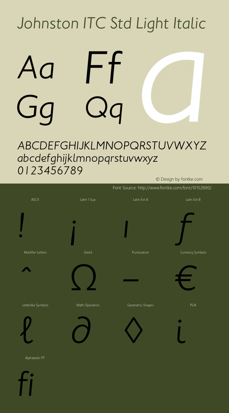 Johnston ITC Std Light Italic Version 1.000;PS 001.000;hotconv 1.0.38 Font Sample