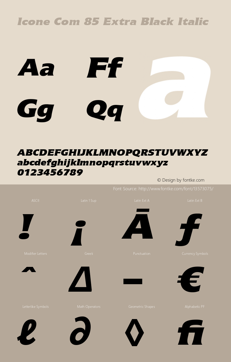 Icone Com 85 Extra Black Italic Version 1.01 Font Sample