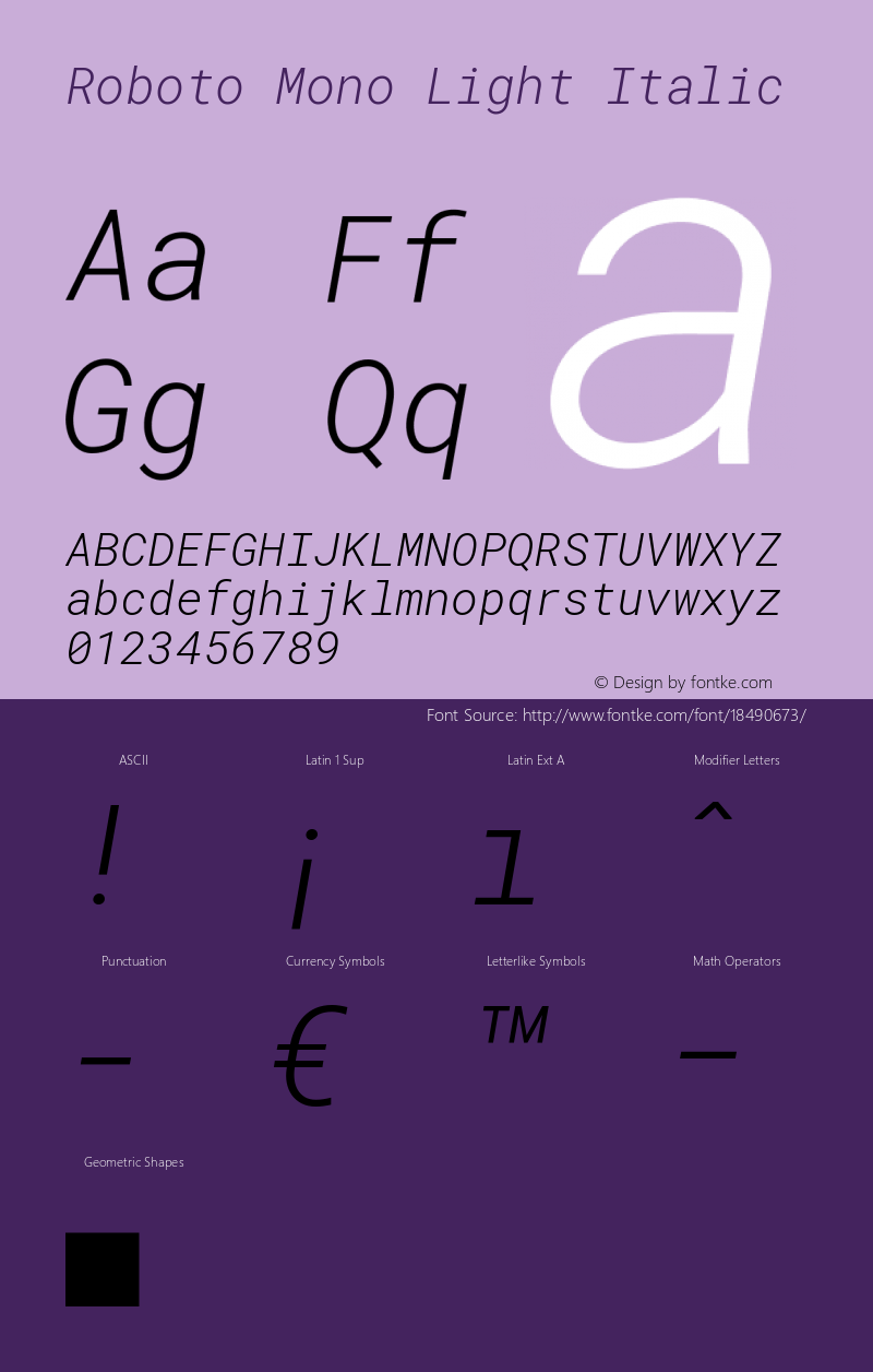 Roboto Mono Light Italic Version 2.000985; 2015; ttfautohint (v1.3) Font Sample