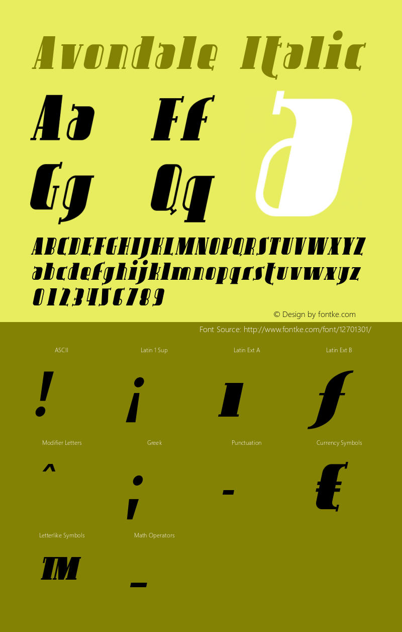 Avondale Italic Version 1.0; 2001; initial release Font Sample