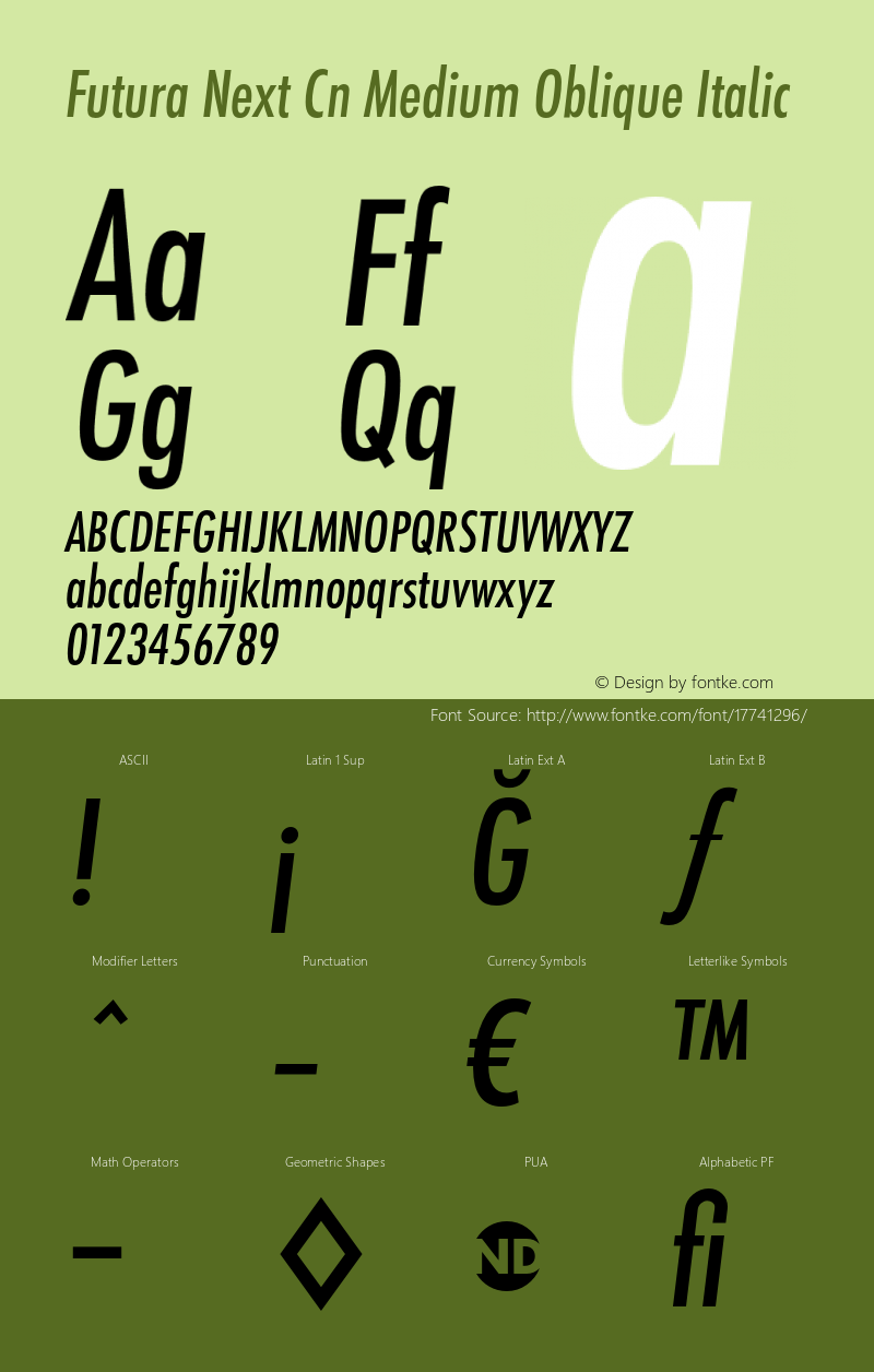 Futura Next Cn Medium Oblique Italic Version 1.005 Font Sample