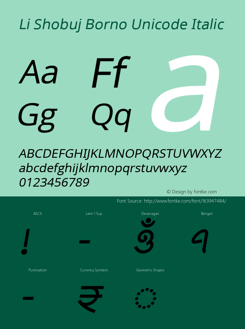Li Shobuj Borno Unicode Italic 1.00 | Designed by Abdur Rahim | Developed by Niladri Shekhar Bala Font Sample