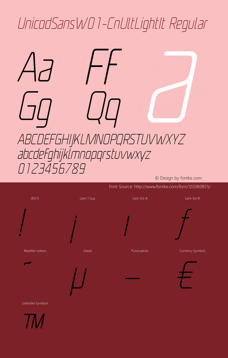 Unicod Sans W01 Cn UltLight It Version 1.00 Font Sample