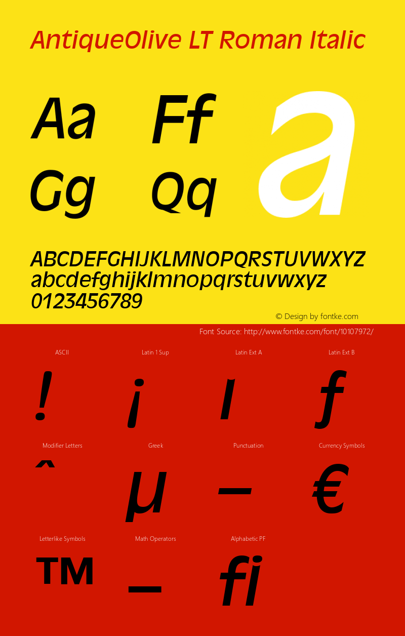 AntiqueOlive LT Roman Italic Version 6.1; 2002 Font Sample