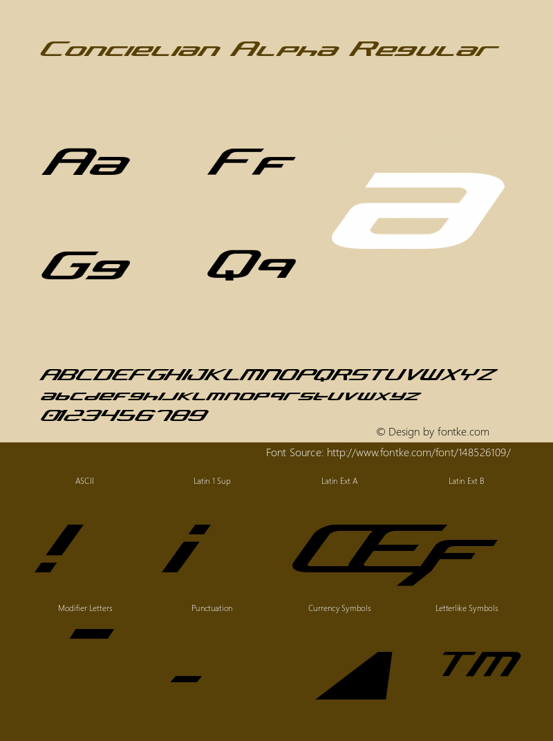 Concielian Alpha Version 2.1; 2014; initial release Font Sample