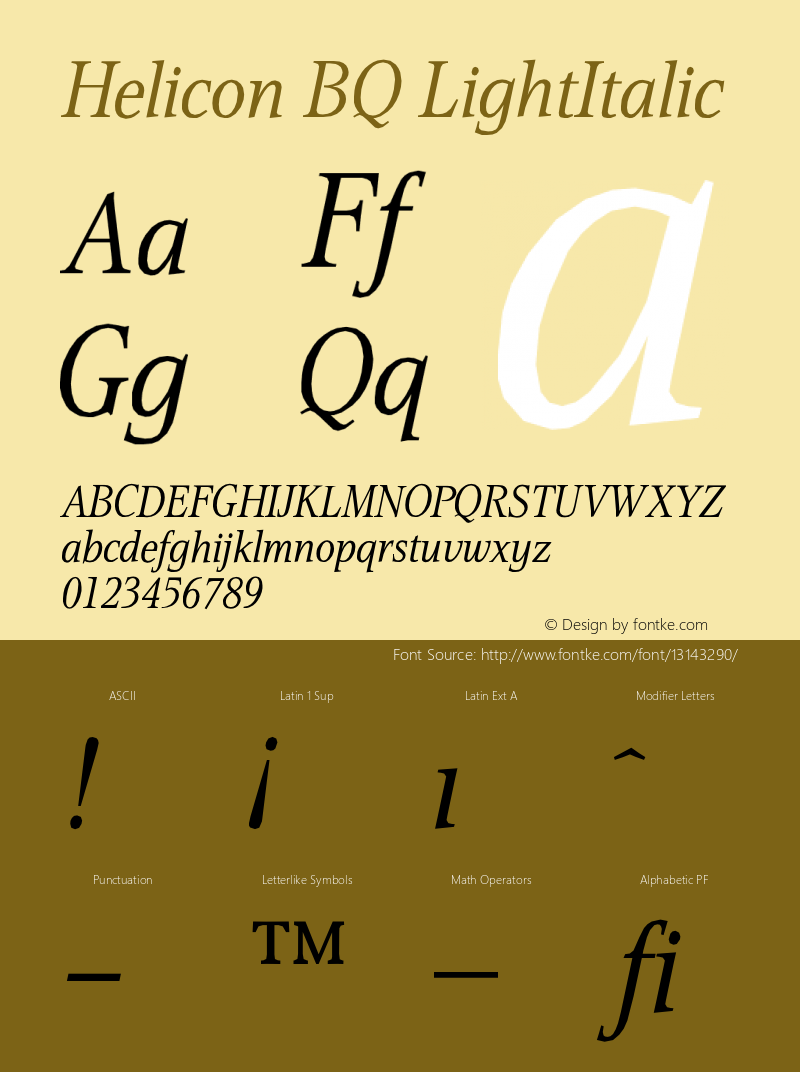 Helicon BQ LightItalic Version 001.000 Font Sample