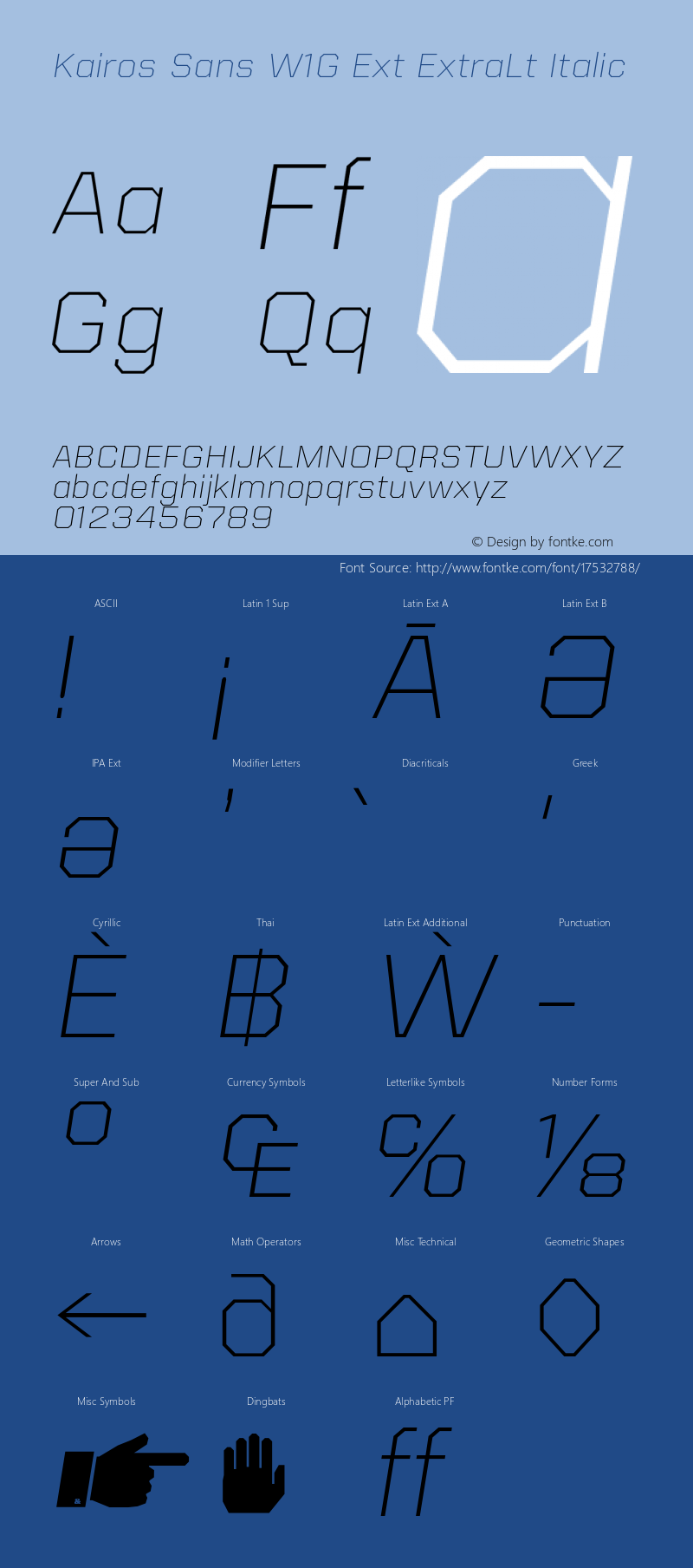 Kairos Sans W1G Ext ExtraLt Italic Version 1.00 Font Sample