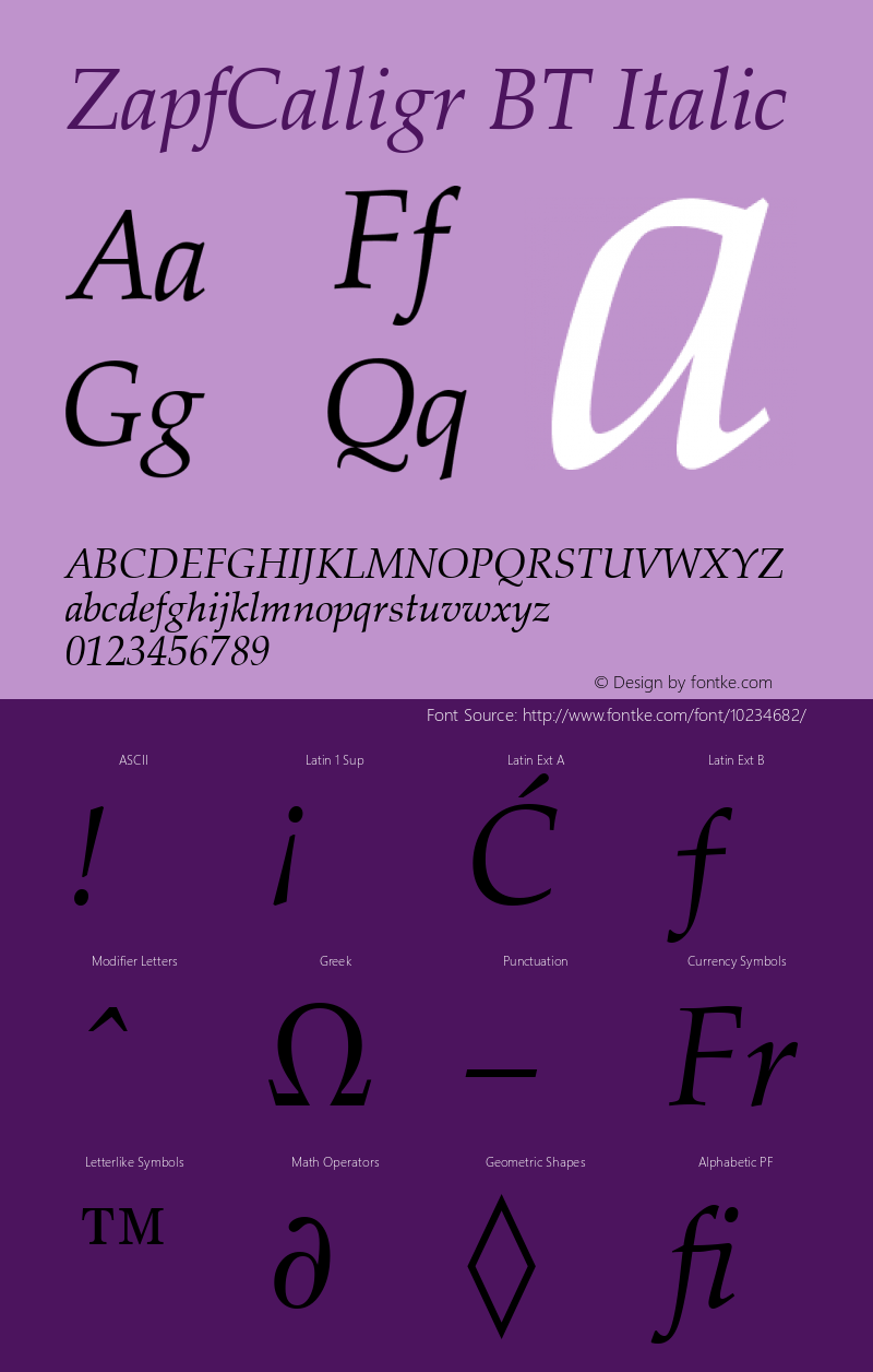 ZapfCalligr BT Italic Version 1.01 emb4-OT Font Sample