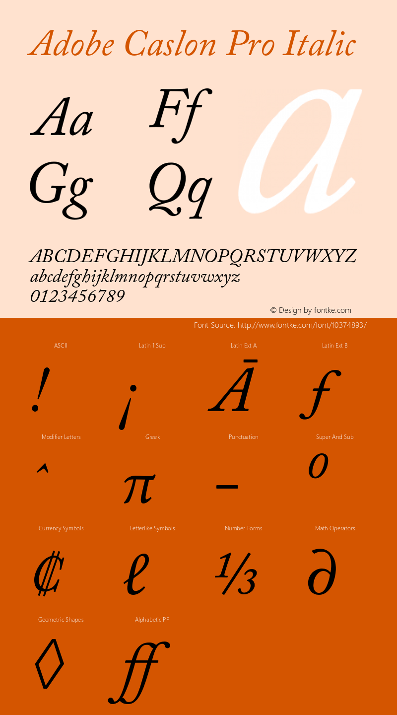 Adobe Caslon Pro Italic Version 2.059;PS 2.000;hotconv 1.0.57;makeotf.lib2.0.21895 Font Sample