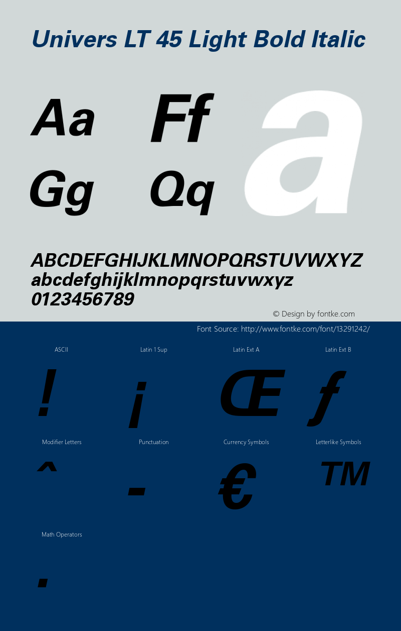 Univers LT 45 Light Bold Italic Version 6.1; 2002 Font Sample