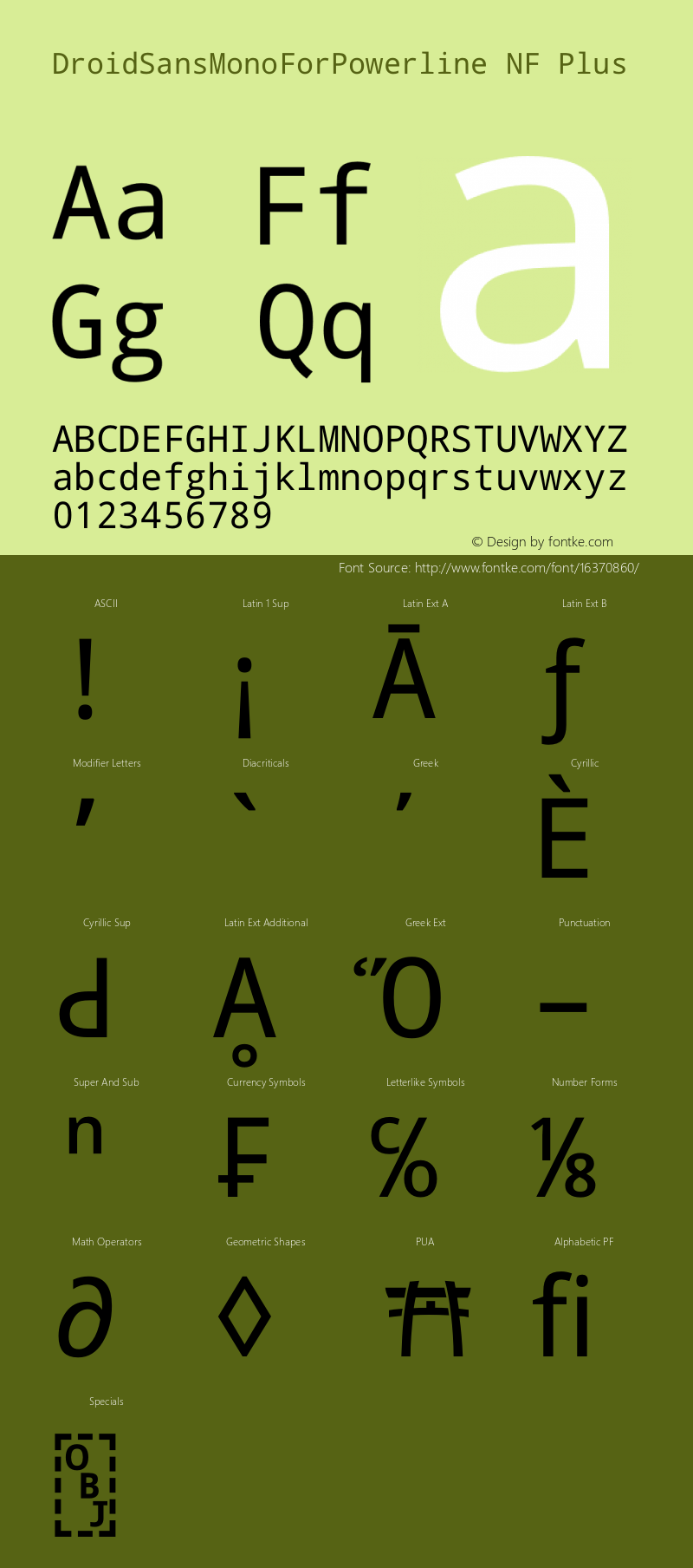 DroidSansMonoForPowerline NF Plus Version 1.00 build 113 Font Sample