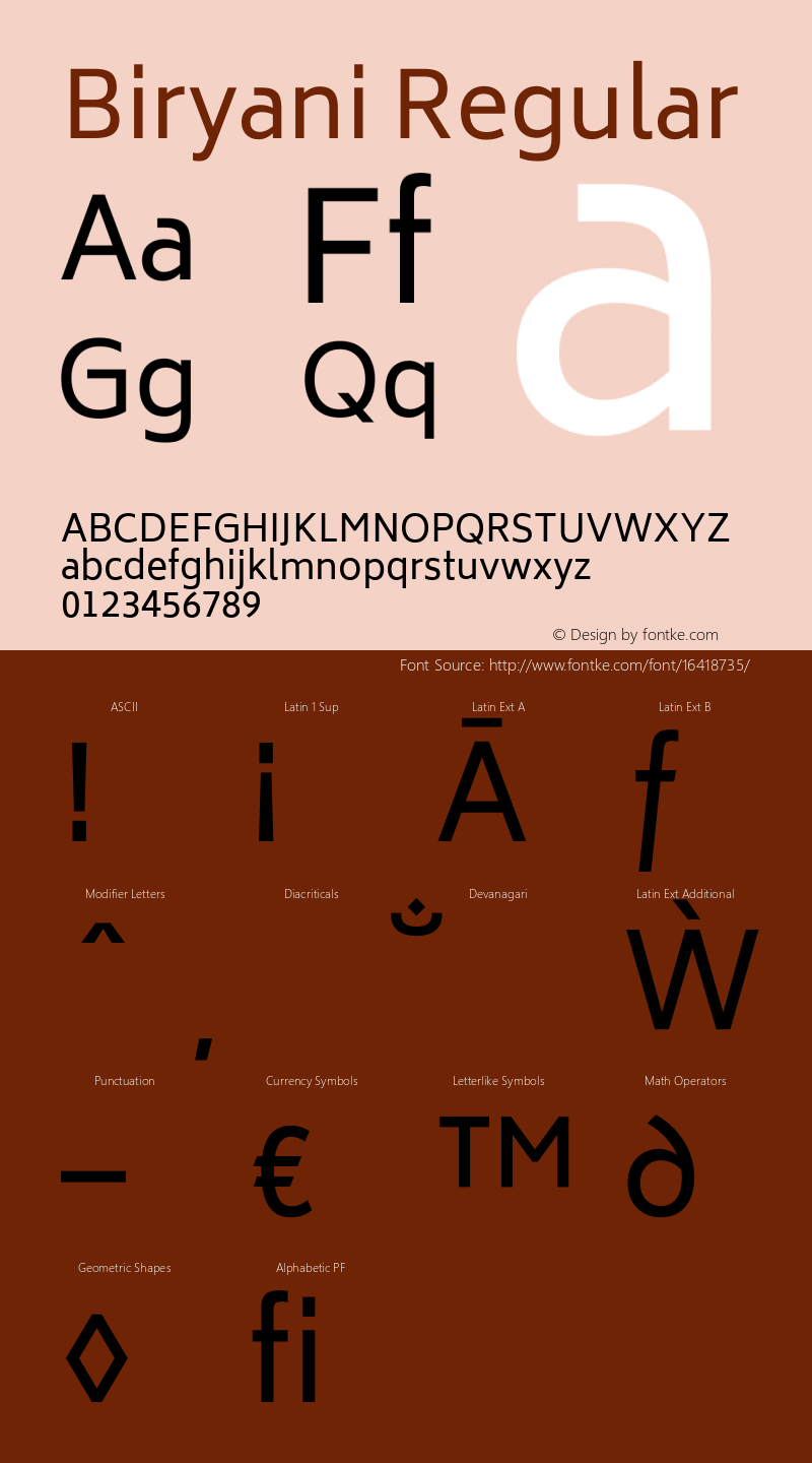 Biryani Regular Version 1.004; ttfautohint (v1.1) -l 5 -r 5 -G 72 -x 0 -D latn -f none -w gGD -W -c Font Sample