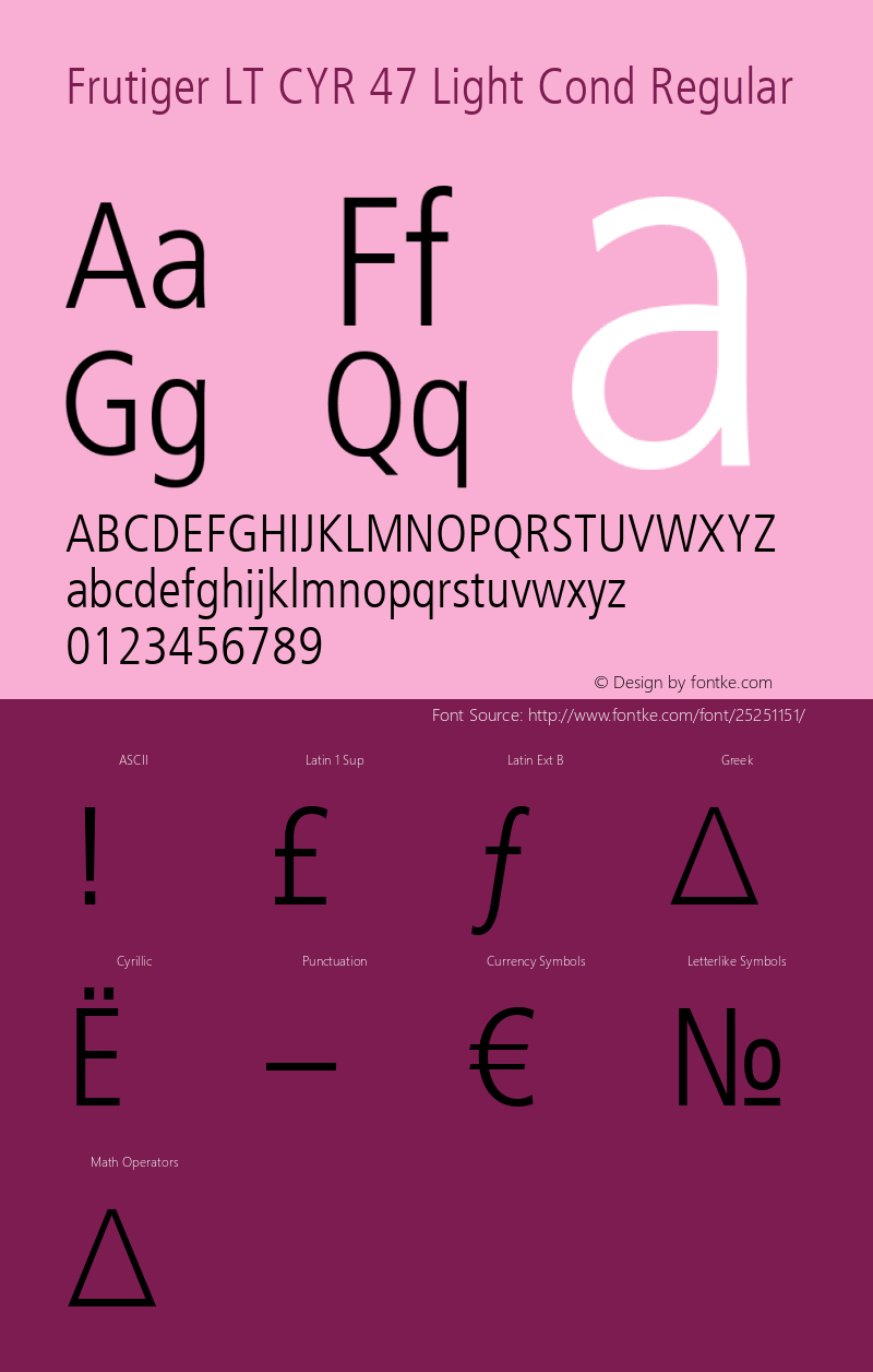 Frutiger LT Cyrillic 47 Light Condensed Version 1.01 Font Sample