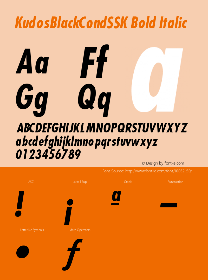 KudosBlackCondSSK Bold Italic Altsys Metamorphosis:8/31/94 Font Sample