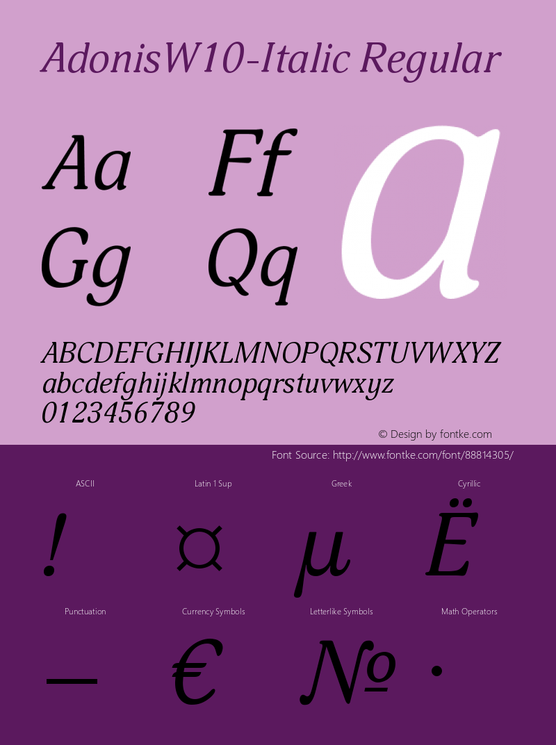 Adonis W10 Italic Version 2.00 Font Sample