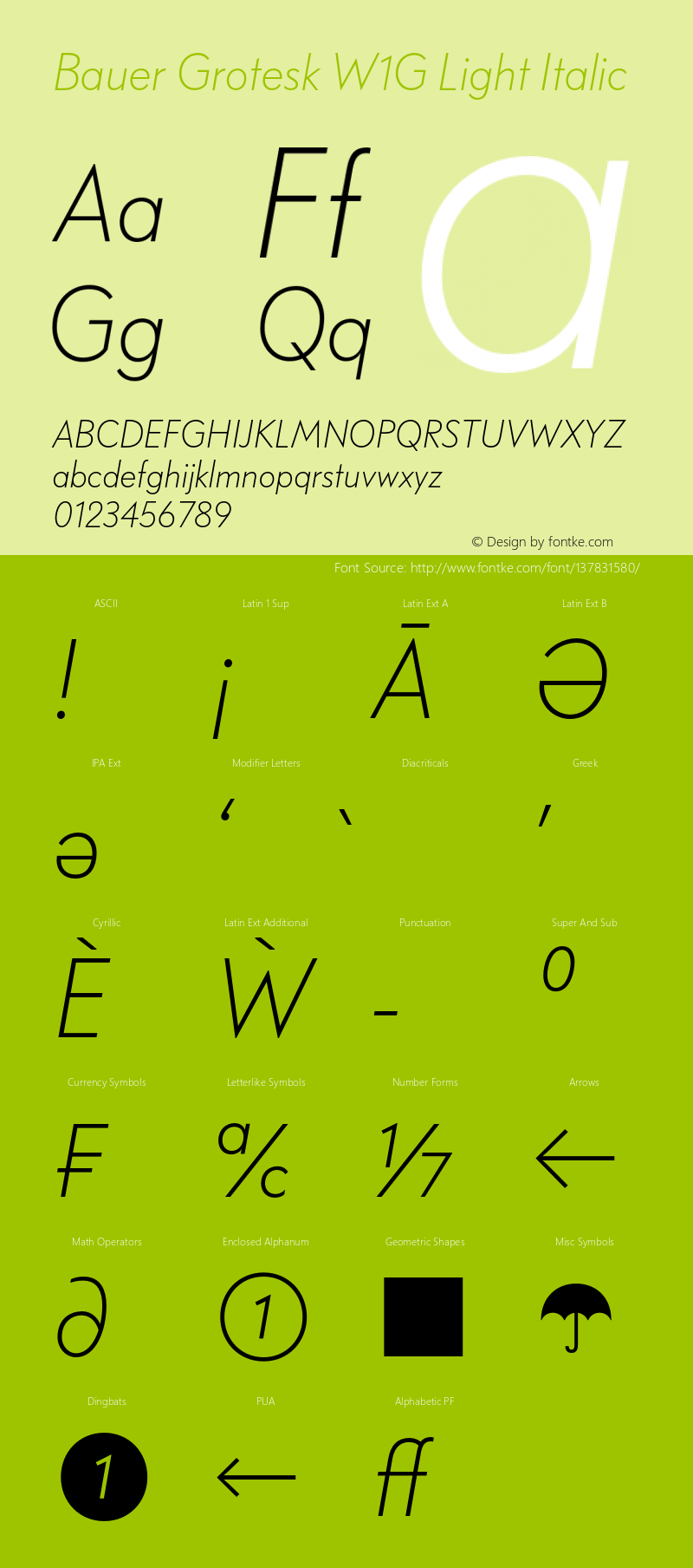 Bauer Grotesk W1G Light Italic Version 7.700, build 1040, FoPs, FL 5.04 Font Sample