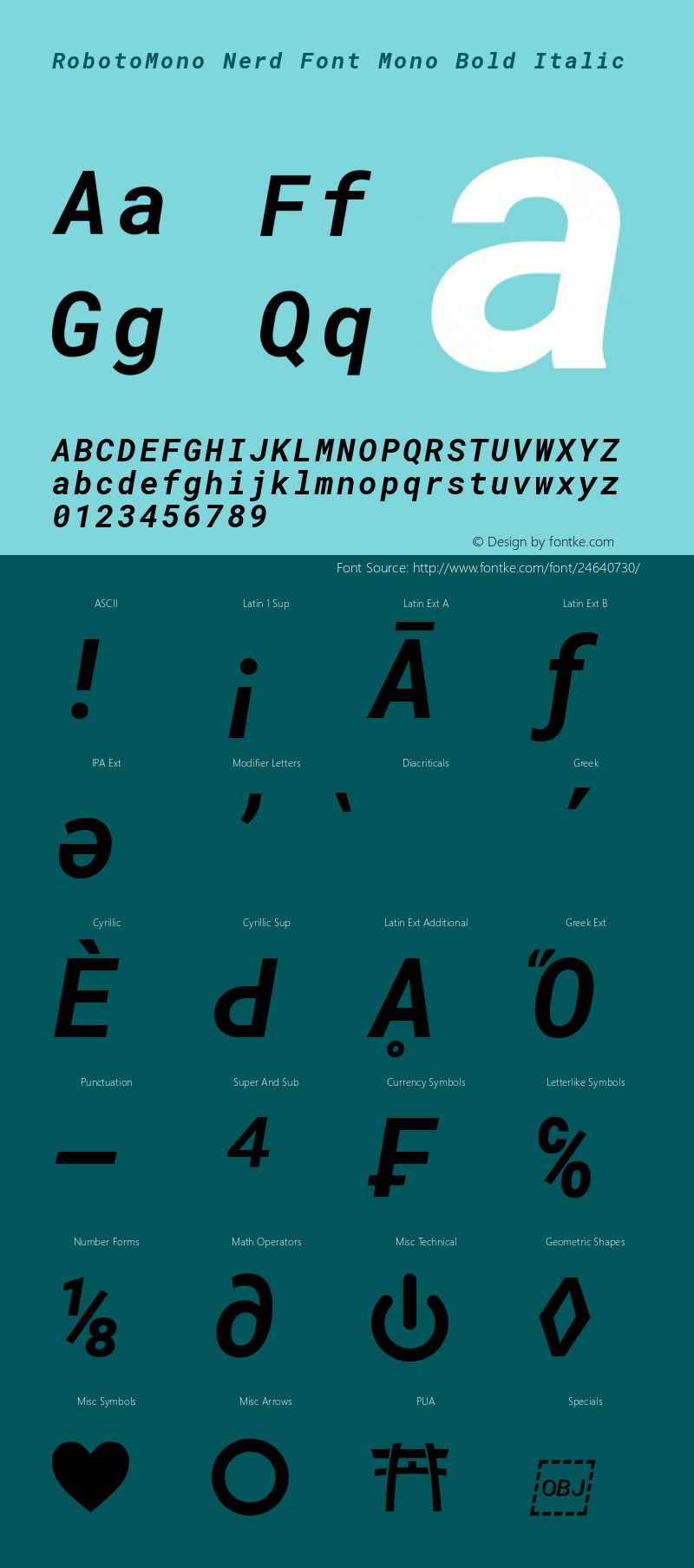Roboto Mono Bold Italic Nerd Font Complete Mono Version 2.000986; 2015; ttfautohint (v1.3) Font Sample