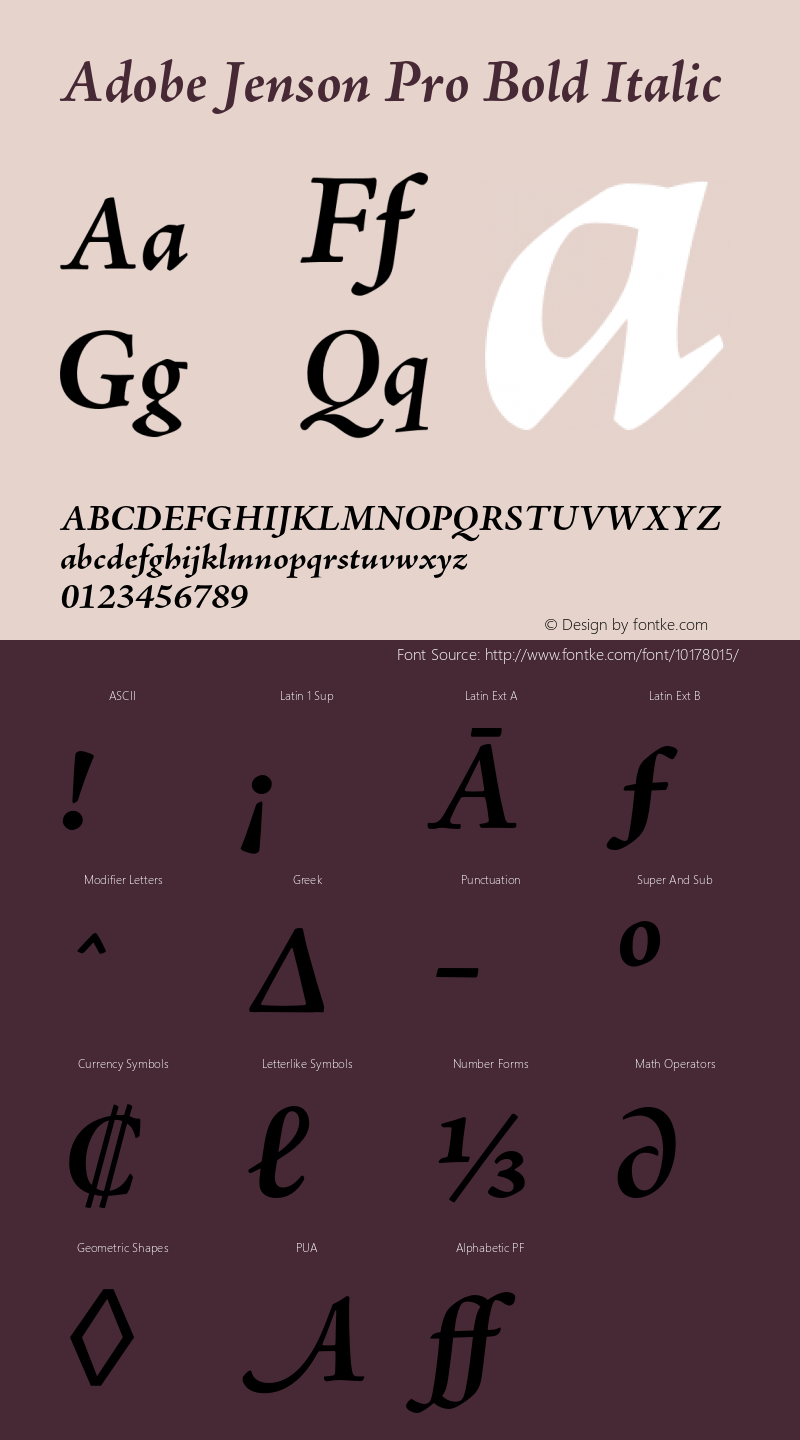 Adobe Jenson Pro Bold Italic OTF 1.013;PS 001.000;Core 1.0.27;makeotf.lib(1.11) Font Sample