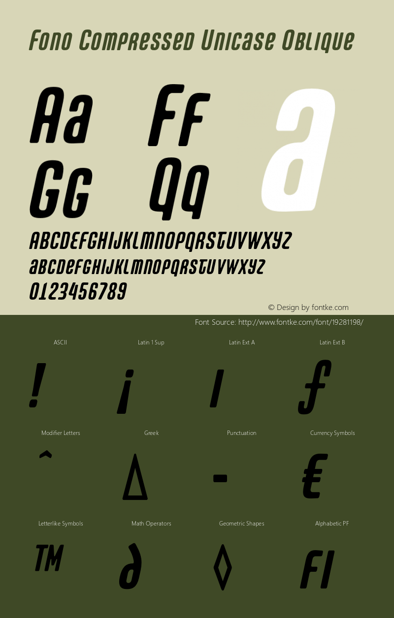 Fono-CompressedUnicaseOblique Version 2.000 Font Sample