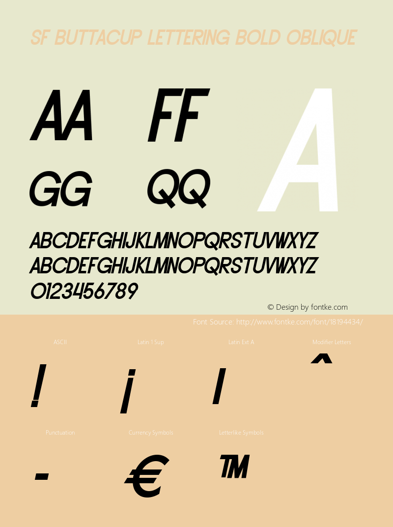 SF Buttacup Lettering Bold Oblique ver 1.0; 2000. Freeware. Font Sample