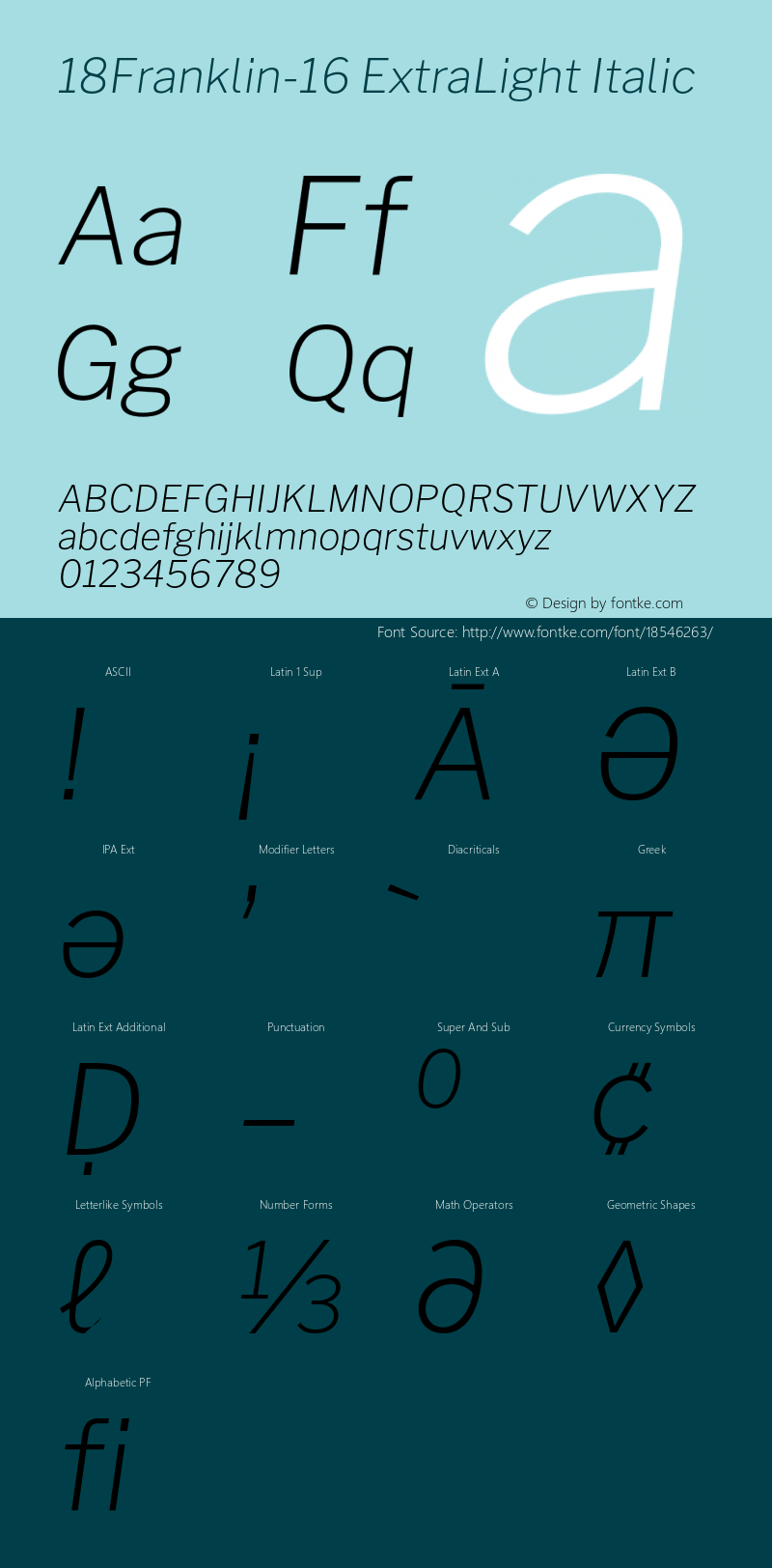 18Franklin-16 ExtraLight Italic Version 1.016;PS 001.016;hotconv 1.0.88;makeotf.lib2.5.64775 Font Sample