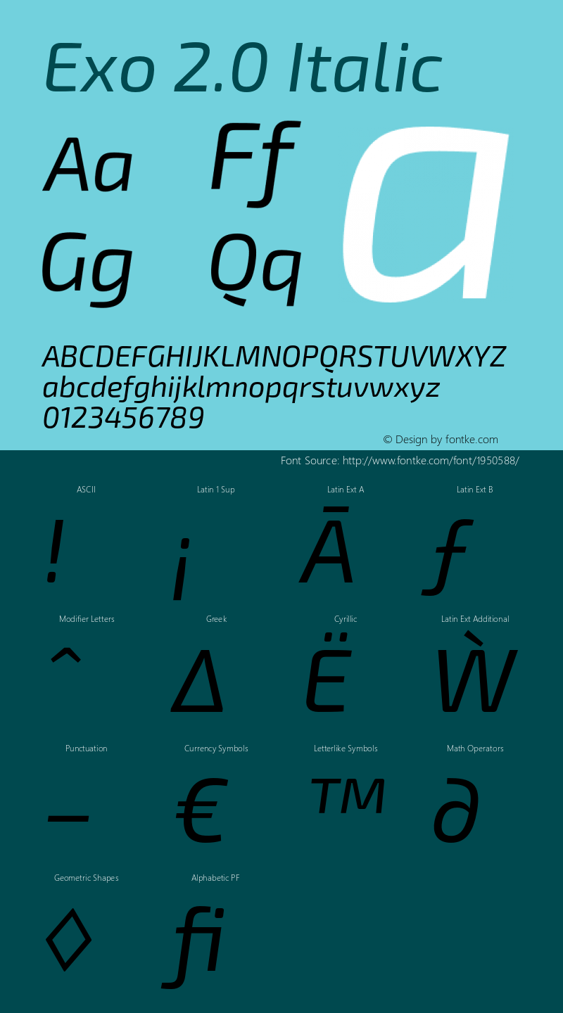 Exo 2.0 Italic Version 1.001;PS 001.001;hotconv 1.0.70;makeotf.lib2.5.58329 Font Sample