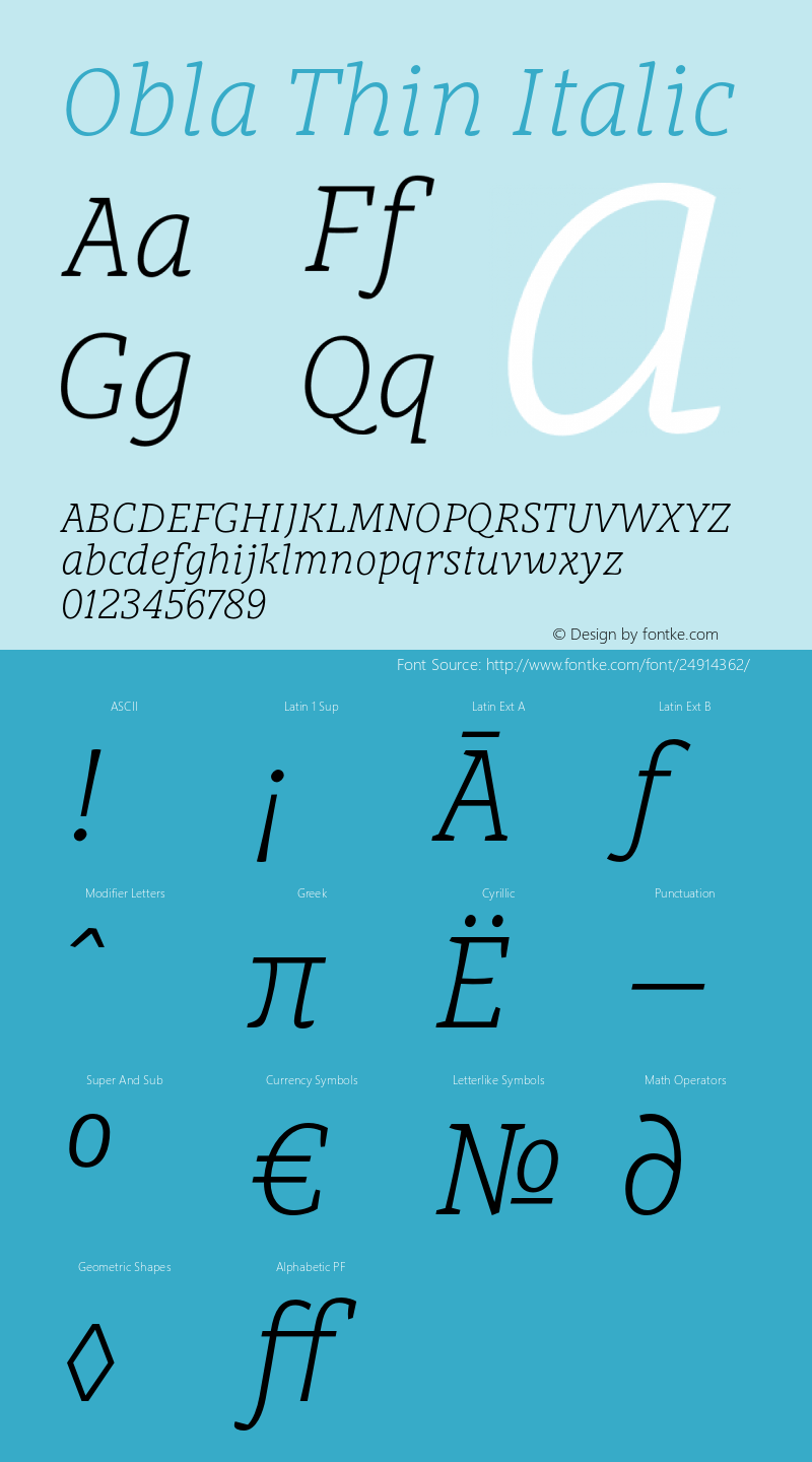 Obla-ThinItalic Version 1.000 2016 initial release Font Sample