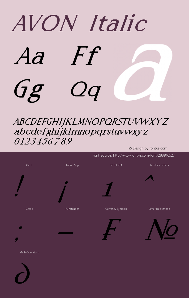 AVON Italic Version 1.00;March 20, 2019;FontCreator 11.5.0.2422 32-bit Font Sample