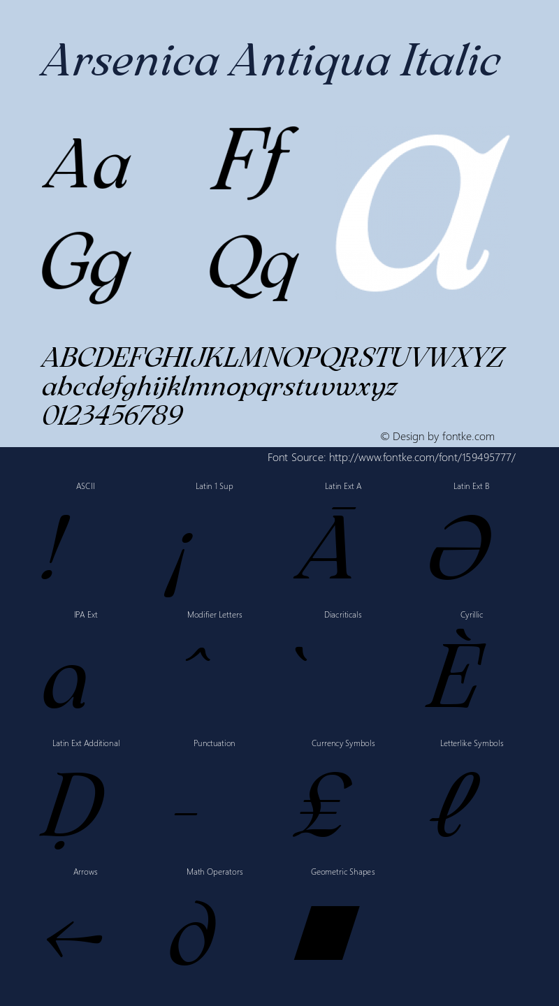 Arsenica Antiqua Italic Version 0.003;hotconv 1.0.109;makeotfexe 2.5.65596 Font Sample