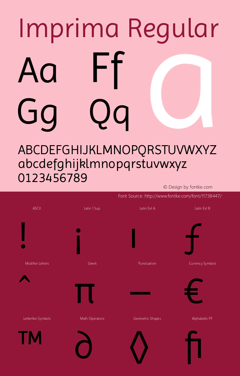 Imprima Regular Version 1.001 Font Sample