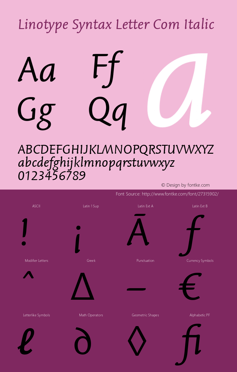 Linotype Syntax Letter Com Italic Version 1.01 Font Sample