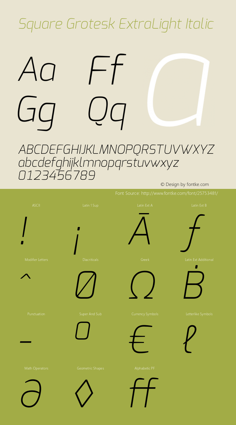 Square Grotesk ExtraLight Italic Version 1.00 Font Sample