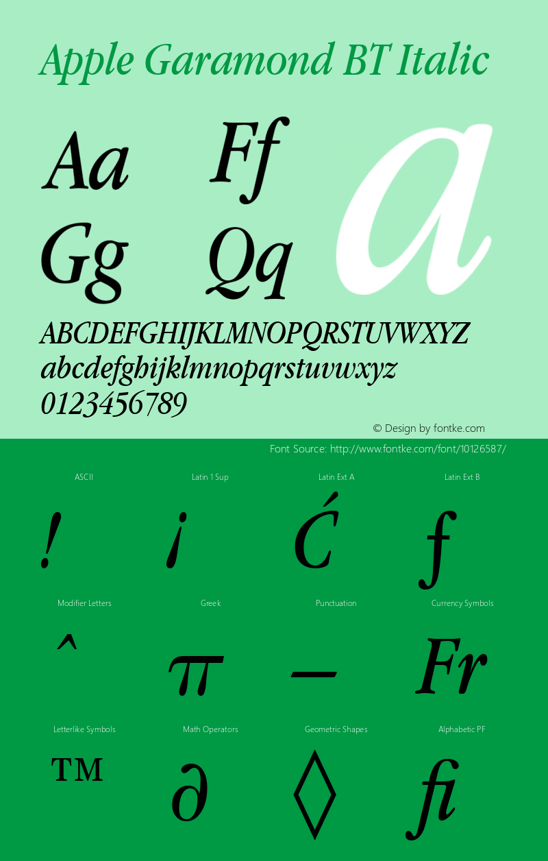 Apple Garamond BT Italic 3.7d1 Font Sample