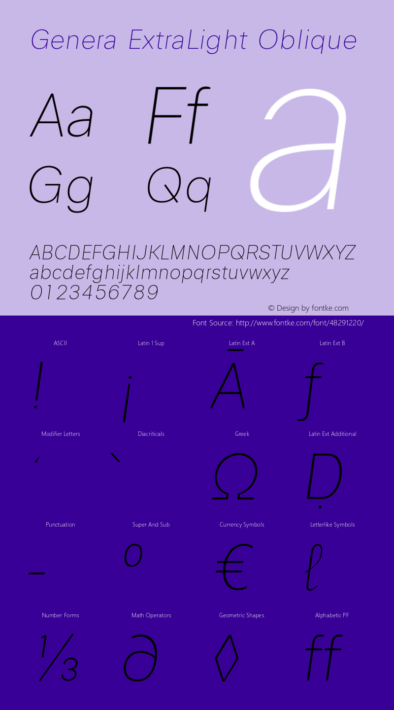 Genera ExtraLight Oblique Version 1.000 Font Sample