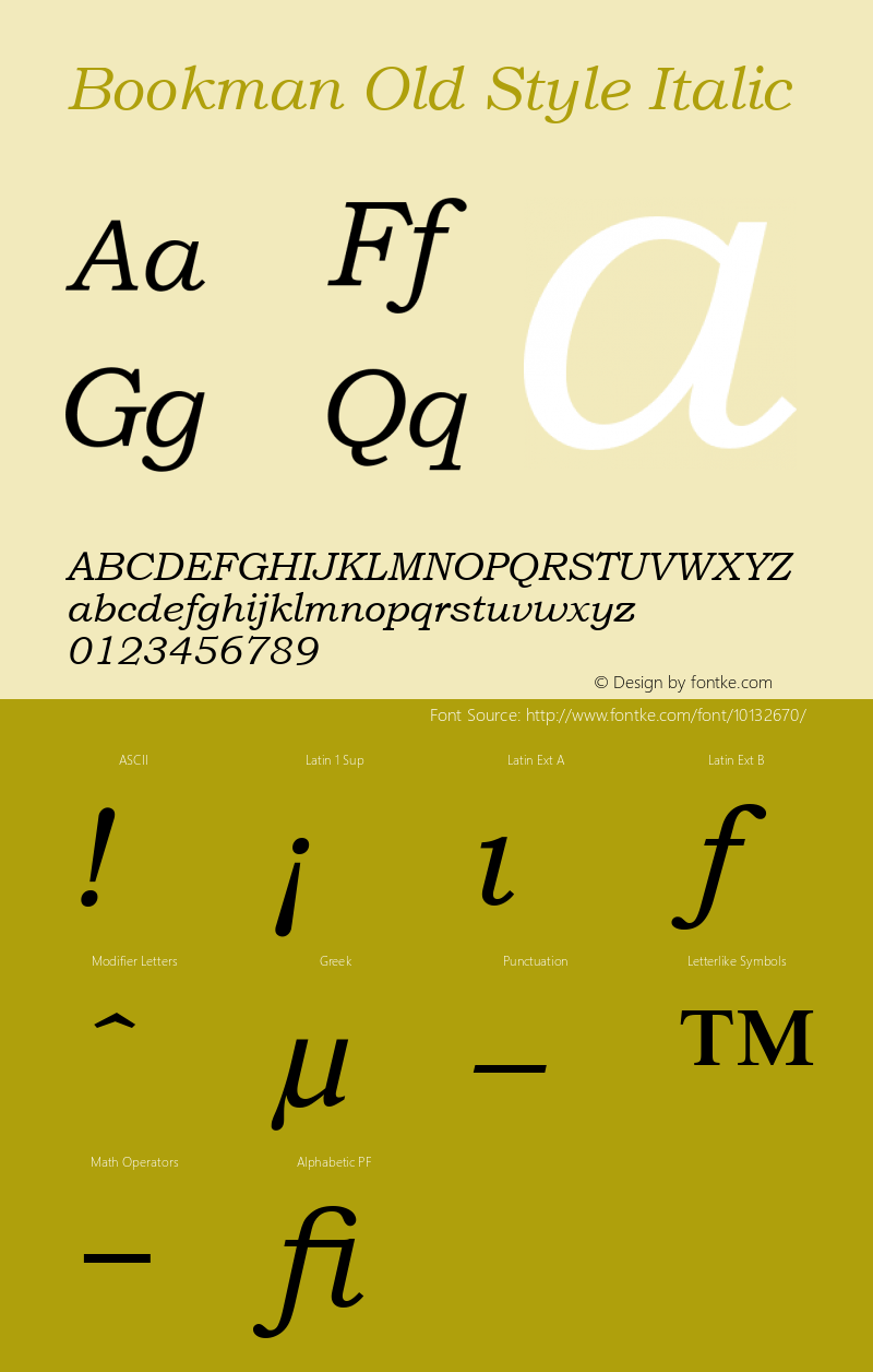 Bookman Old Style Italic 001.004 Font Sample