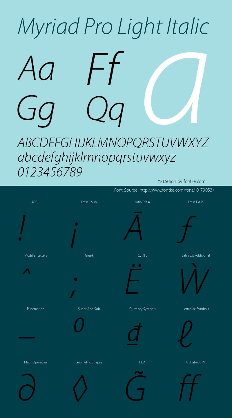 Myriad Pro Light Italic Version 2.007;PS 002.000;Core 1.0.38;makeotf.lib1.7.9032 Font Sample